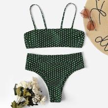 Romwe Polka Dot Spaghetti Strap Top With High Waist Bikini