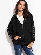 Romwe Black Drop Shoulder Emoji Embroidered Hooded Zip Up Sweatshirt
