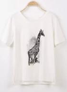 Romwe Dip Hem Giraffe Print White T-shirt