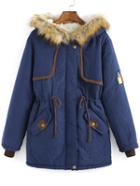 Romwe Hooded Drawstring Pockets Blue Coat
