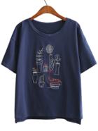 Romwe Navy Embroidery Short Sleeve T-shirt
