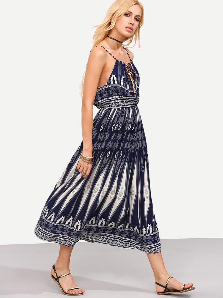 Romwe Navy Geometric Print Braided Drawstring Neck Dress