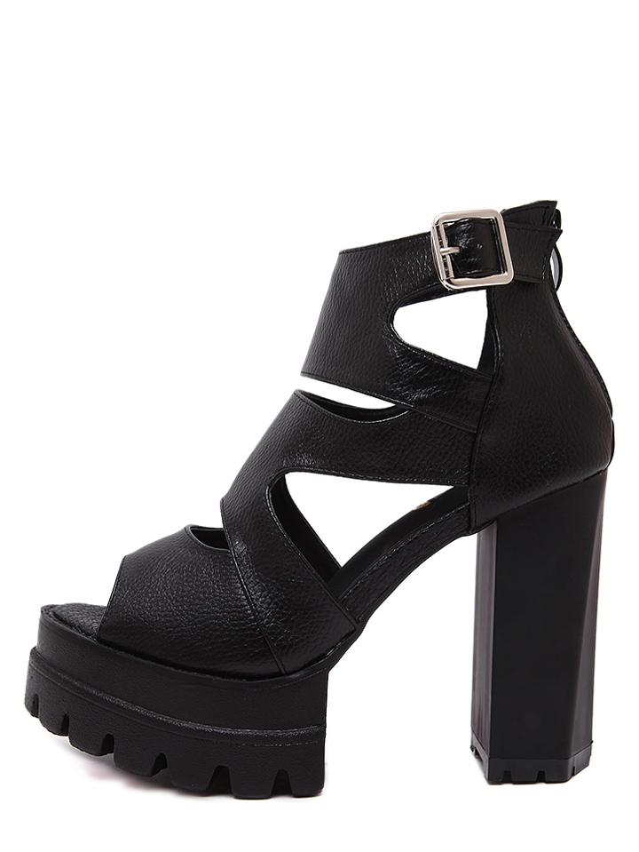 Romwe Black Caged Cutout Chunky Mule Sandals