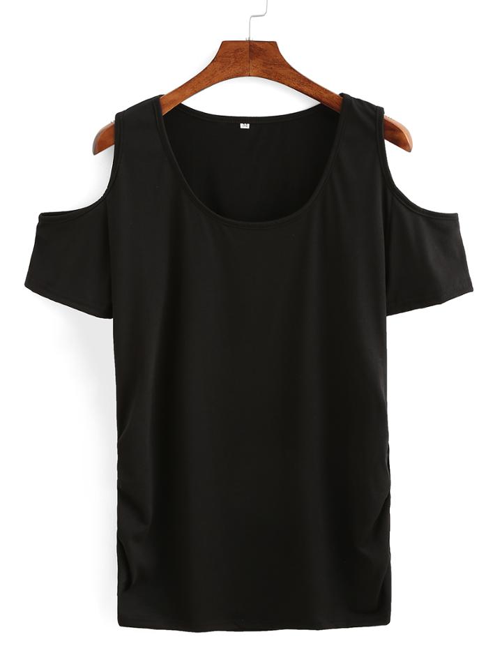 Romwe Plain Open Shoulder T-shirt - Black
