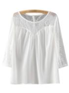 Romwe White Scoop Neck Lace Splicing Casual Blouse