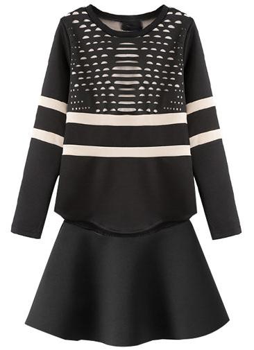 Romwe Striped Hollow Loose Top With Skirt