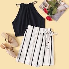 Romwe Solid Top With Striped Skirt