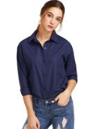 Romwe Navy Sharp Collar Long Sleeve Buttons Blouse