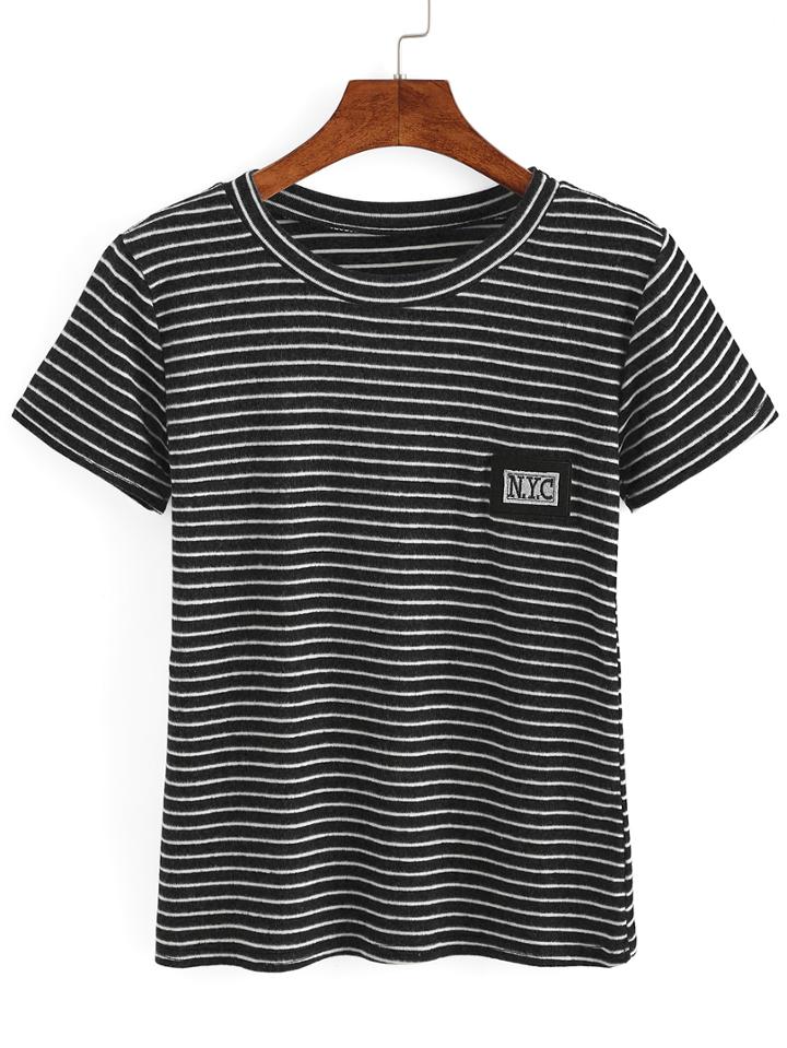 Romwe Black Pinstriped Patch T-shirt