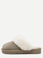Romwe Khaki Fur Lined Soft Sole Genuine Leather Flat Slippers
