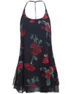 Romwe Halter Rose Print Chiffon Black Dress