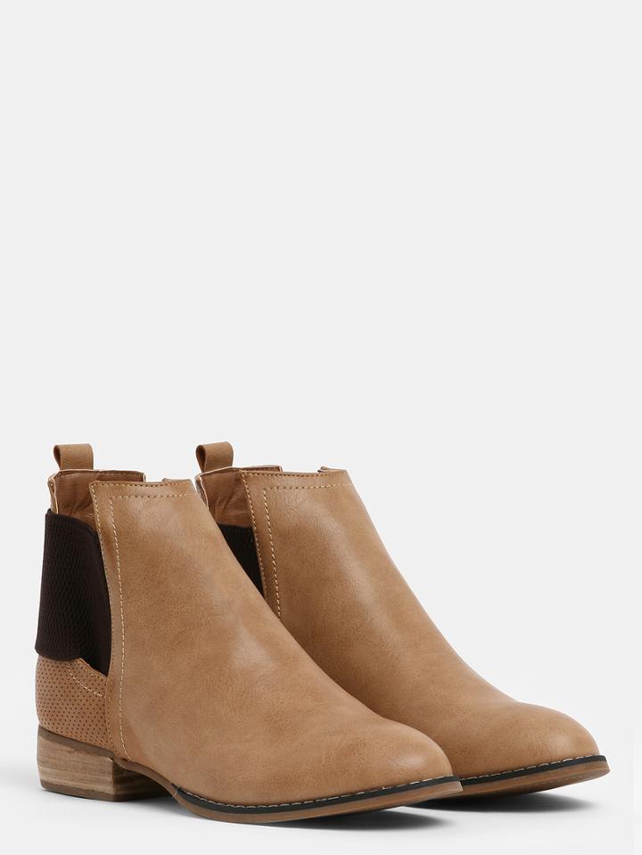 Romwe Khaki Round Toe Elastic Pu Boots