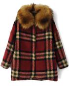 Romwe Check Print Removable Faux Fur Woolen Coat