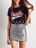 Romwe Navy Crew Neck Appliqued Sequined T-shirt