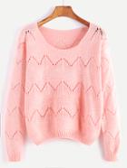 Romwe Pink Round Neck Eyelet Sweater