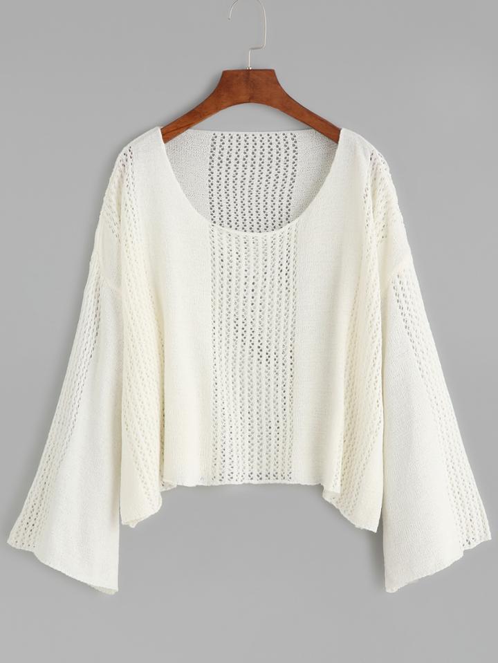 Romwe Beige Scoop Neck Dropped Shoulder Seam Eyelet Sweater