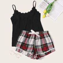 Romwe Lace Trim Cami Top & Plaid Shorts Pj Set
