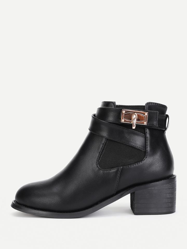 Romwe Twist Lock Detail Round Toe Ankle Boots