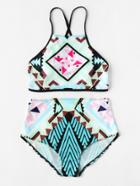 Romwe Geometric Print Cross Back High Waist Bikini Set
