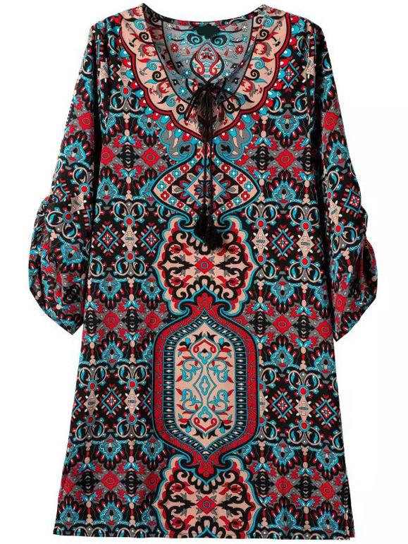 Romwe Folk Print Lace Up Shift Dress