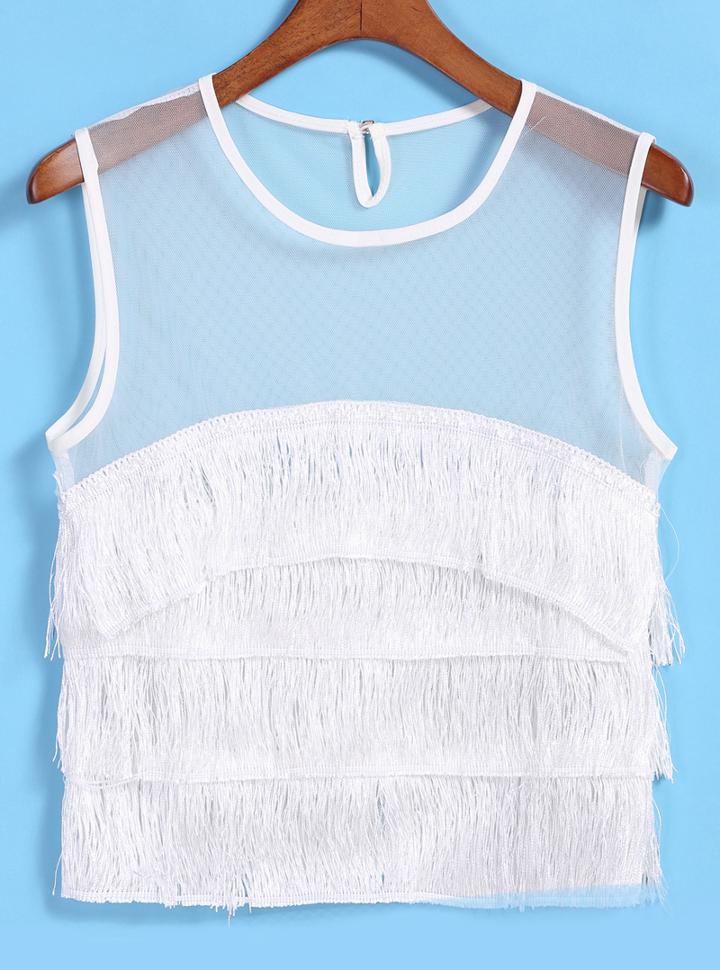 Romwe Sheer Mesh Multilayels With Tassel Vest
