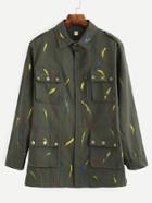 Romwe Olive Green Brush Stroke Print Multi Pocketouterwear