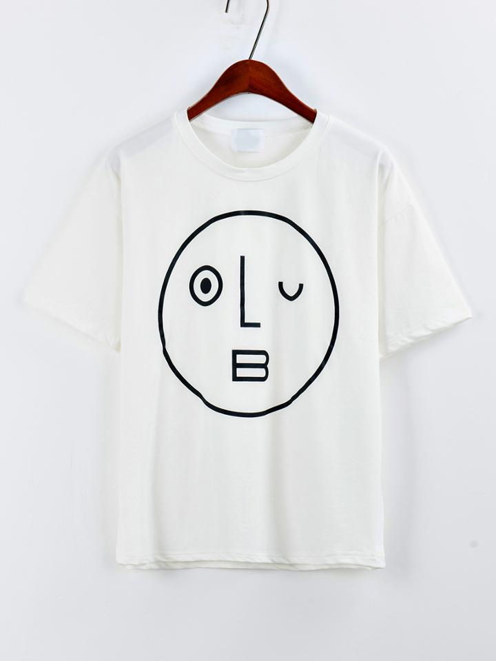 Romwe Wink Emoticons Print Drop Sleeve T-shirt - White