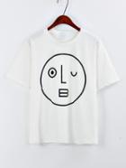 Romwe Wink Emoticons Print Drop Sleeve T-shirt - White