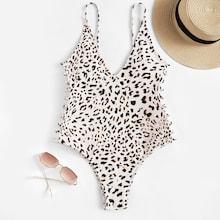 Romwe Leopard Print One Piece Swimsuit