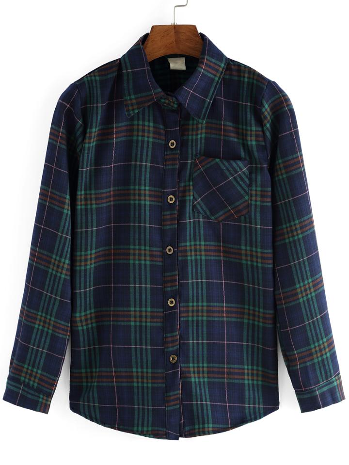 Romwe Lapel Checkered Pocket Buttons Blouse