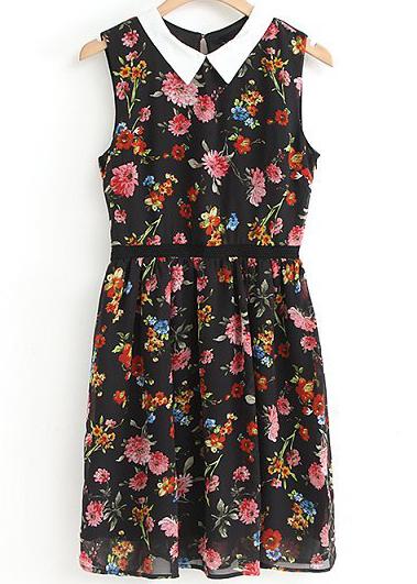 Romwe Floral Print Lace Sleeveless Black Dress