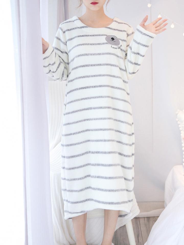 Romwe Bear Embroidered Striped Plush Night Dress