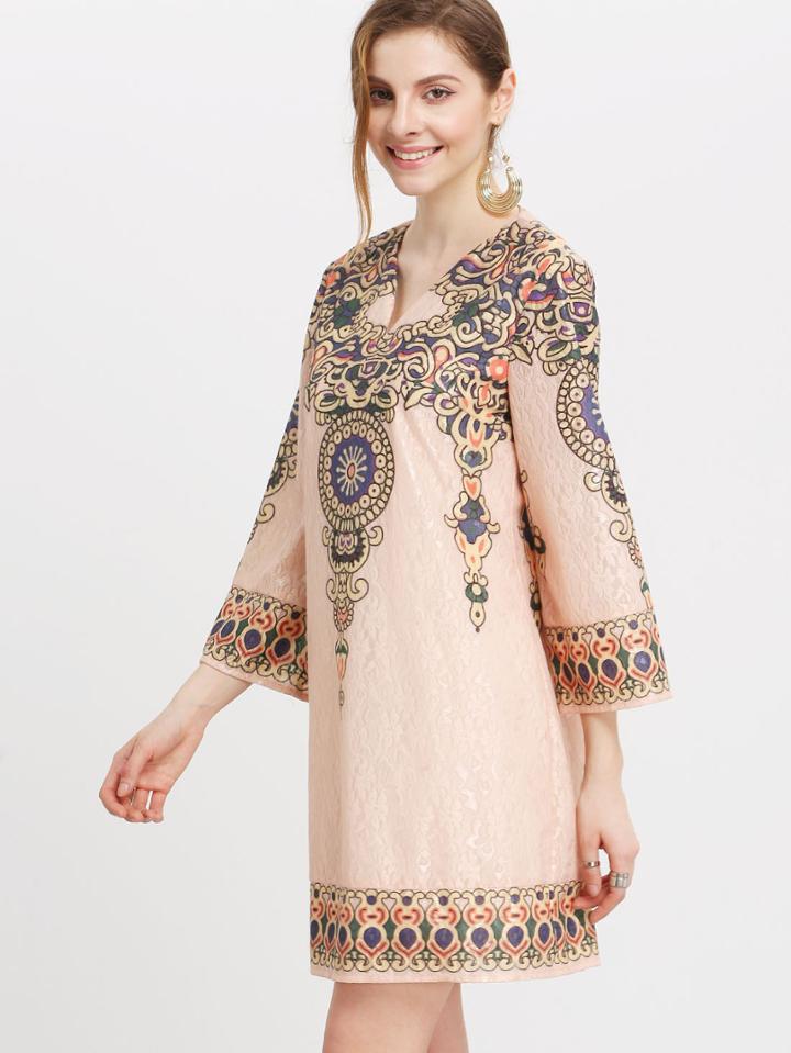 Romwe Apricot Tribal Print Shift Dress
