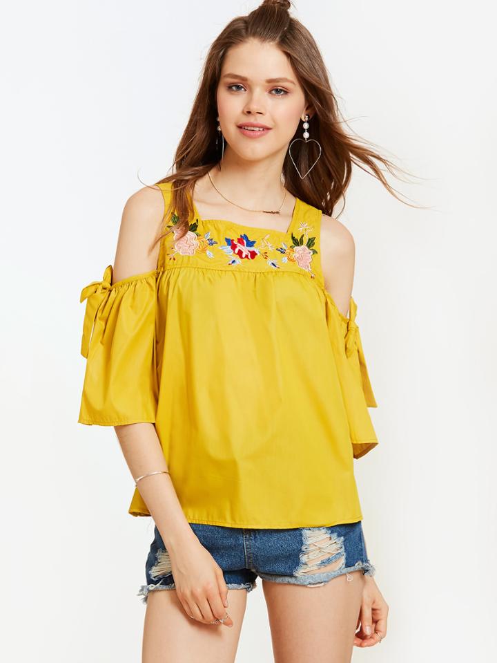 Romwe Open Shoulder Bow Tie Detail Embroidery Top