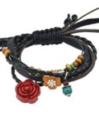 Romwe Adjustable Pu Leather Flower Braided Wrap Bracelet