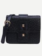 Romwe Black Faux Ostrich Leather Studded Strap Front Box Bag