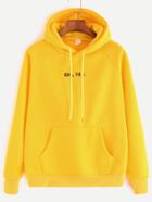 Romwe Yellow Letter Print Raglan Sleeve Drawstring Hooded Pocket Sweatshirt