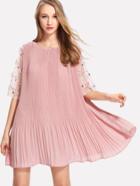 Romwe Flower Applique Mesh Sleeve Pleated Dress