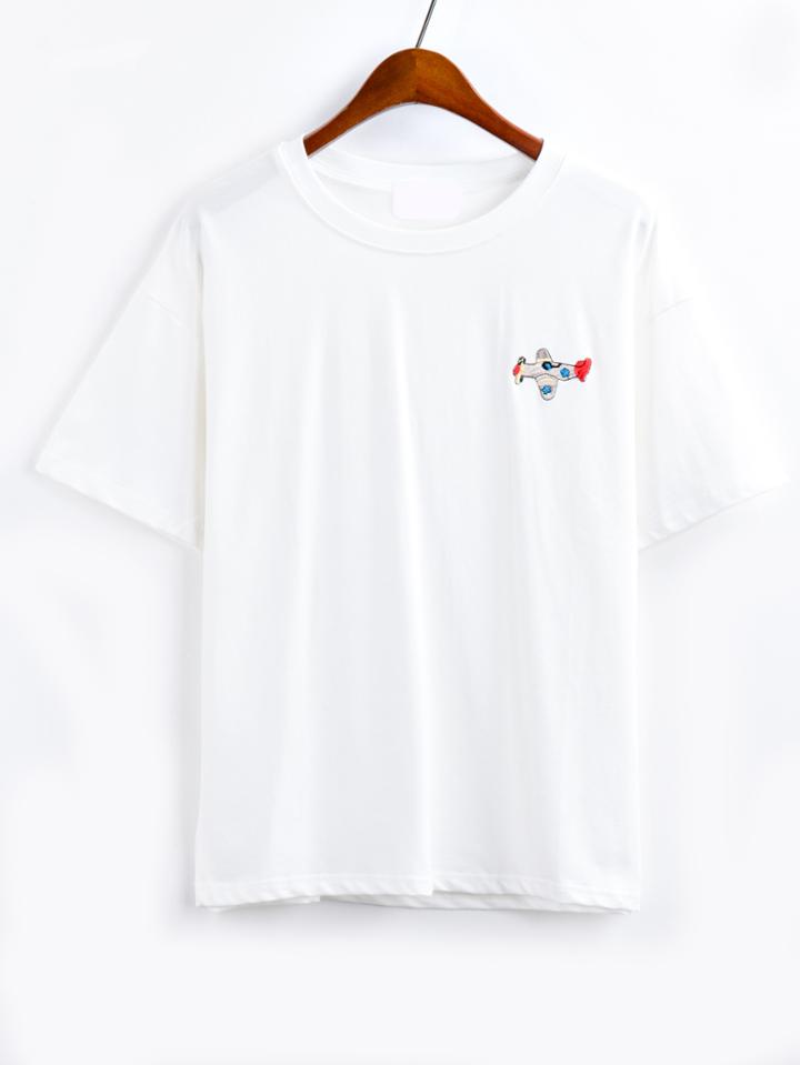 Romwe White Plane Embroidered Drop Shoulder T-shirt