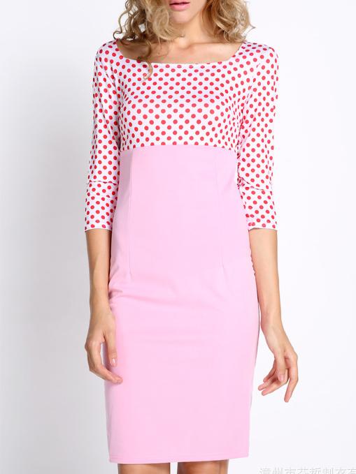 Romwe Square Neck Polka Dot Slim Pink Dress