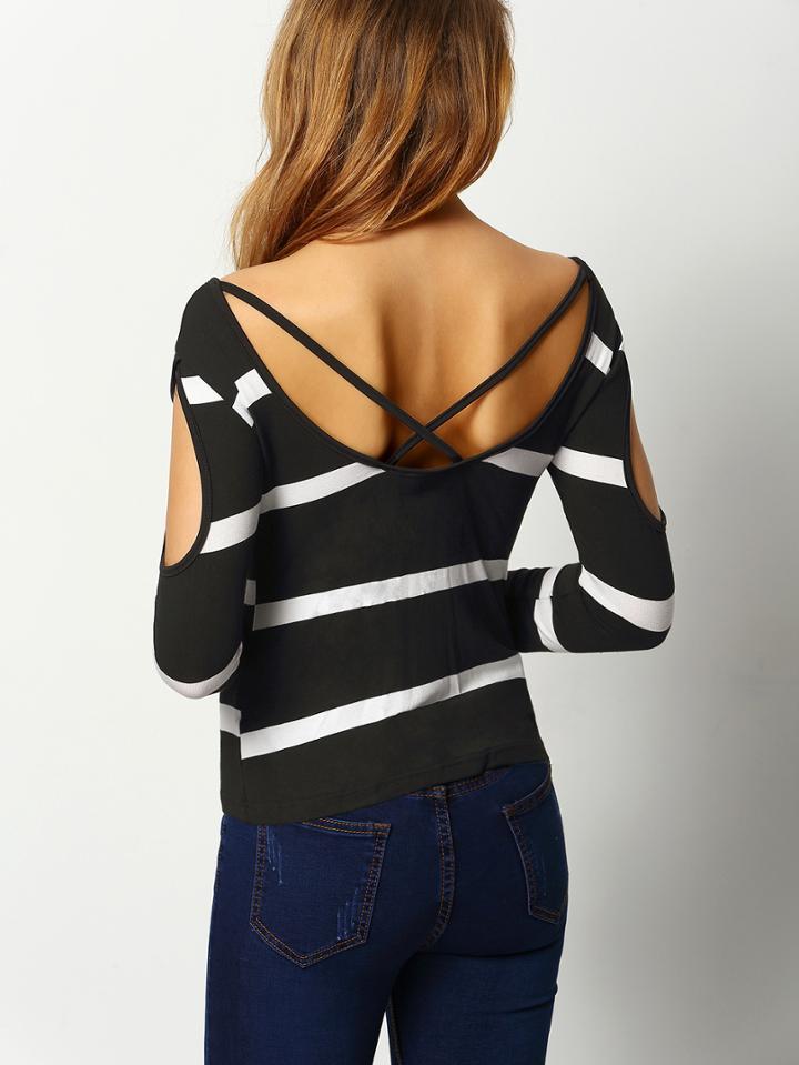 Romwe Crisscross Back Striped Cut Out Black Knitwear