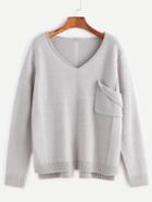 Romwe Grey Pocket Front Ripped Back High Low Sweater