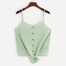 Romwe Buttoned Embellished Knot Rib-knit Cami Top