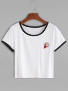 Romwe White Contrast Trim Ice Cream Embroidered Patch Crop T-shirt