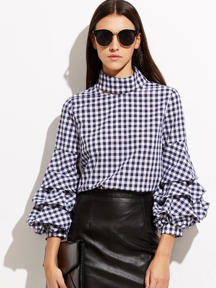 Romwe Navy Gingham Cutout High Neck Billow Sleeve Blouse