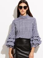 Romwe Navy Gingham Cutout High Neck Billow Sleeve Blouse