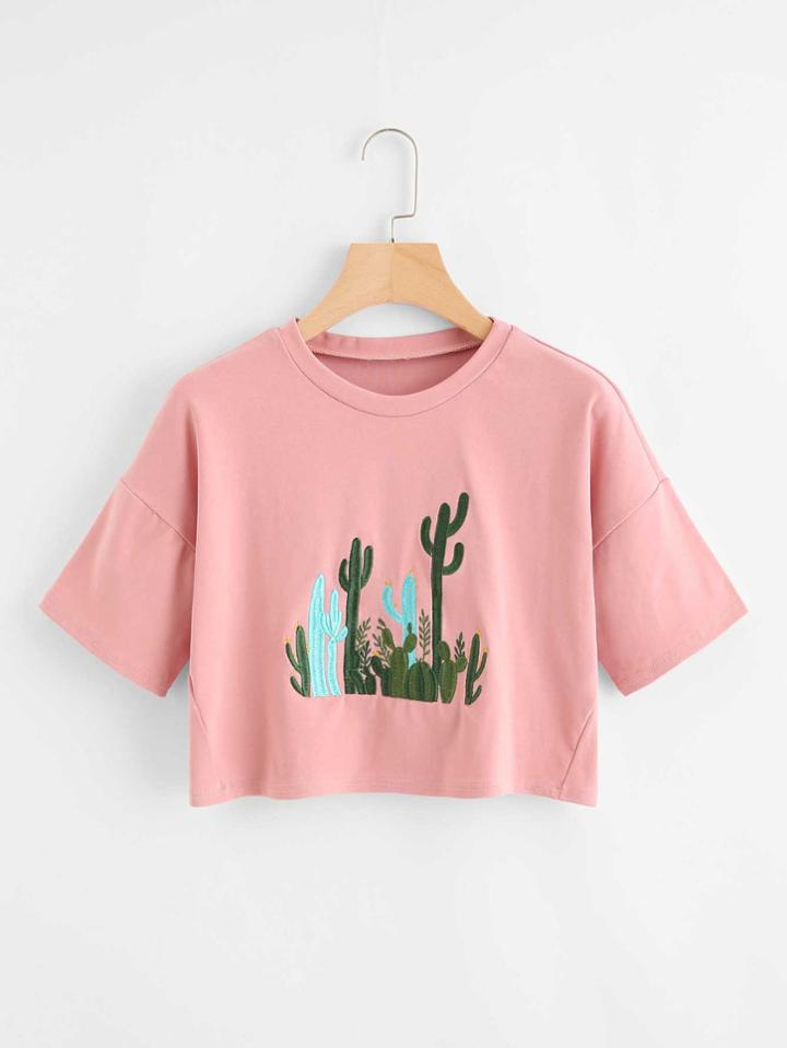 Romwe Cactus Embroidered Crop Tee