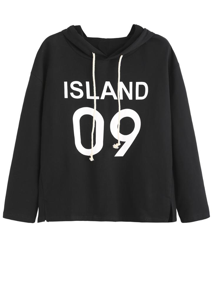 Romwe Black Hooded Split Letters Print Sweatshirt