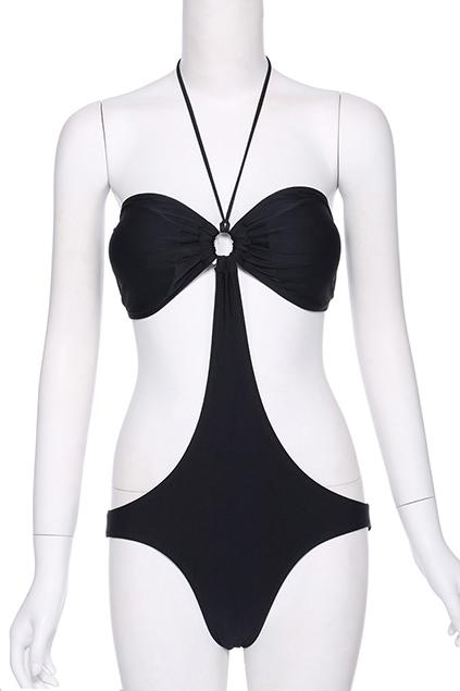 Romwe Solid Black Sexy Halter Swimwear
