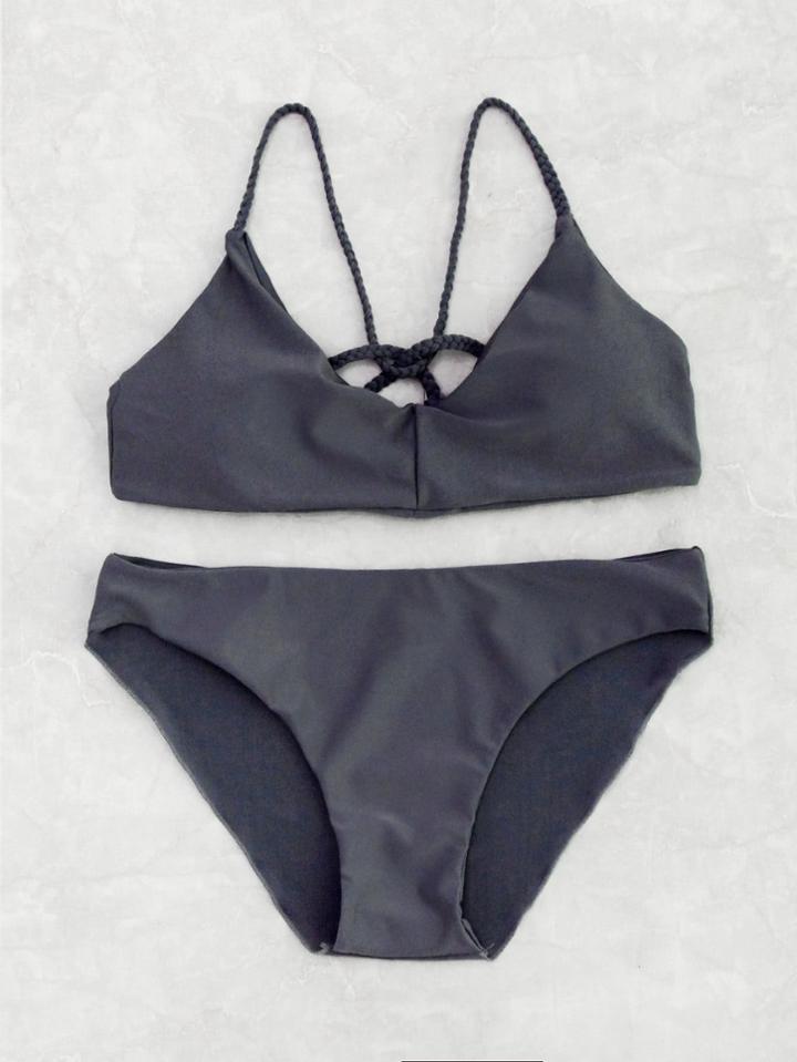 Romwe Braided Strap Tie Back Bikini Set